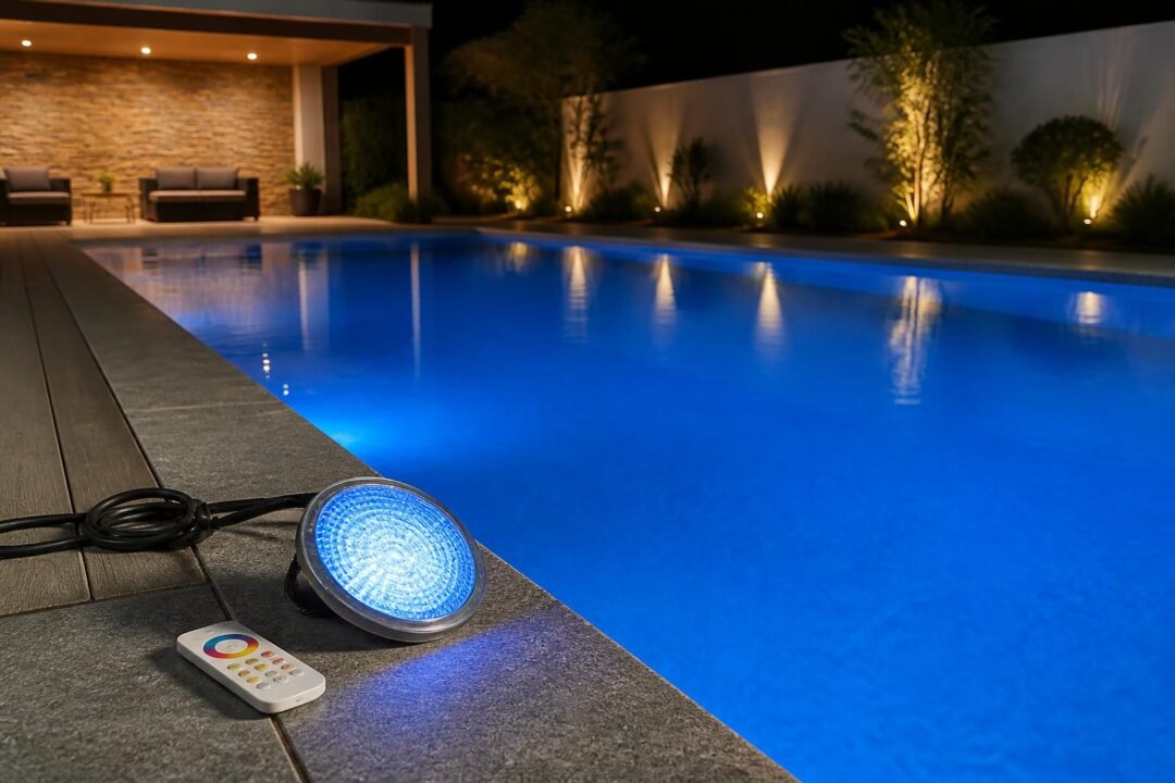 découvrez notre éclairage led de piscine avec lampe par56, télécommande rgb pour un changement de couleurs facile, et profitez d'une sécurité optimale grâce à la très basse tension.